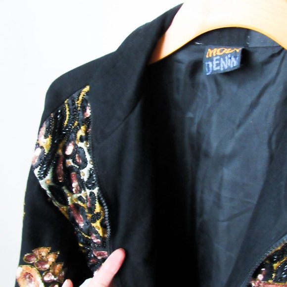 RARE! VINTAGE MODI DENIM SEQUIN JEAN JACKET in Black Animal Print Design M/L - Picture 9 of 11
